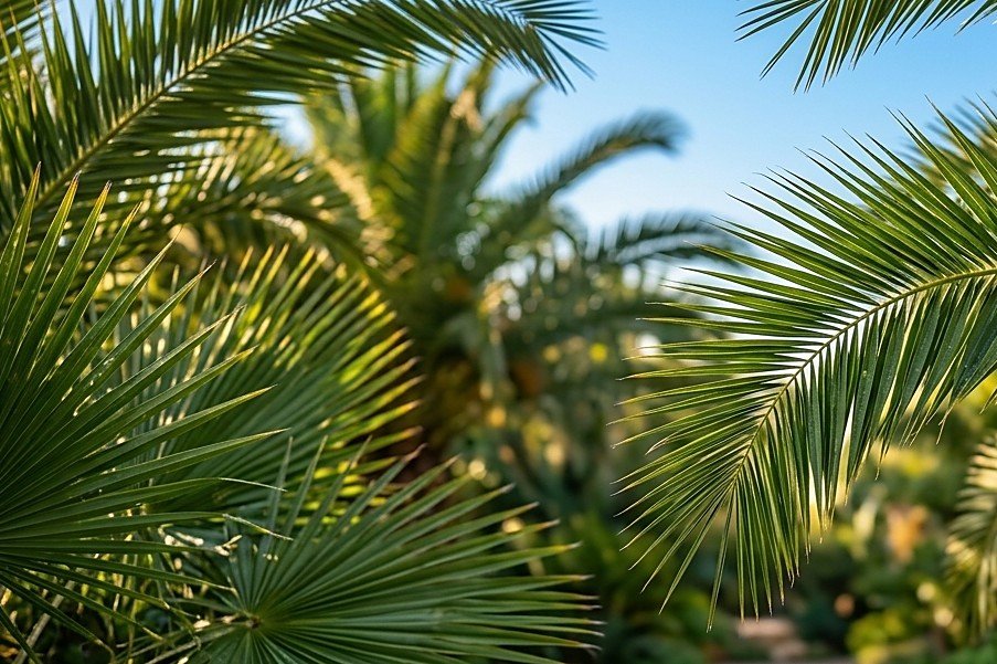 La copa de una palmera sana: hojas abiertas por igual y cogollo firme en el centro.